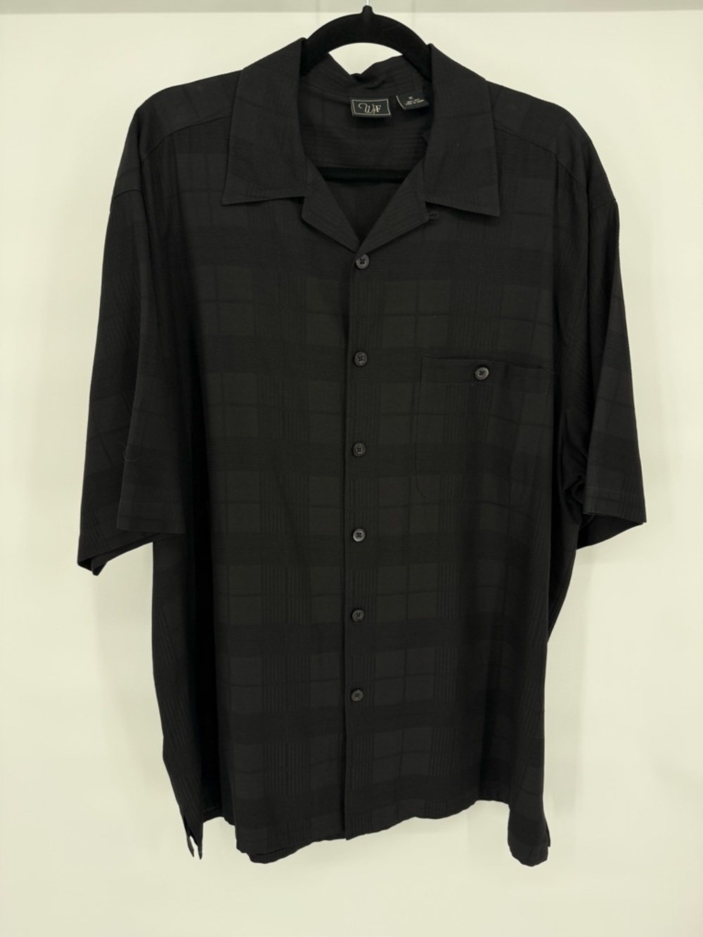 WF 100% Silk Short Sleeve Button Shirt Men XL Textured Check Pocket Casual Beach